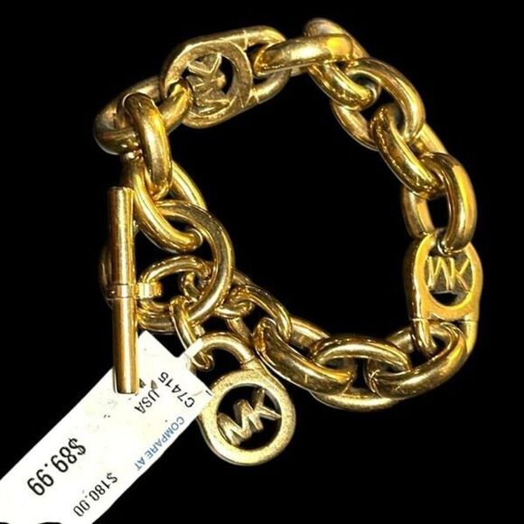 MICHAEL KORS Gold Plated Chain Link Bracelet MK Monogram Logo Bracelet Jewelry D - Picture 1 of 6